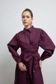 Belden Bağlamalı Poplin Elbise Burgonya - 1