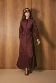 Beli Büzgülü Premium Poplin Elbise Burgonya - 2
