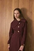 Broş Detaylı Asimetrik Yaka Poplin Elbise Burgonya - 4
