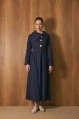 Broş Detaylı Asimetrik Yaka Poplin Elbise Lacivert - 3