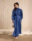 Büzgülü Saten Abiye Elbise Gece Mavisi - 3