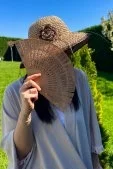 Çiçek Detaylı Örgü Bucket Hasır Şapka Camel - 2