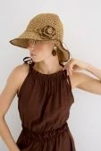 Çiçek Detaylı Örgü Bucket Hasır Şapka Camel Camel