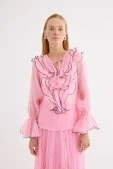 Kontrast Dikişli Fırfırlı Bluz Soft Pembe Soft Pembe