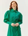 Manşeti Britli Balon Kol Poplin Elbise Yeşil - 2
