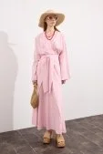 Mirella Kruvaze Bağlamalı Keten Elbise Pembe - 2