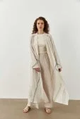 Şerit Detaylı Uzun Kimono Ekru Ekru