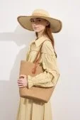 Taşlı Hasır Tote Çanta Camel - 4