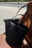 Taşlı Hasır Tote Çanta Siyah Siyah