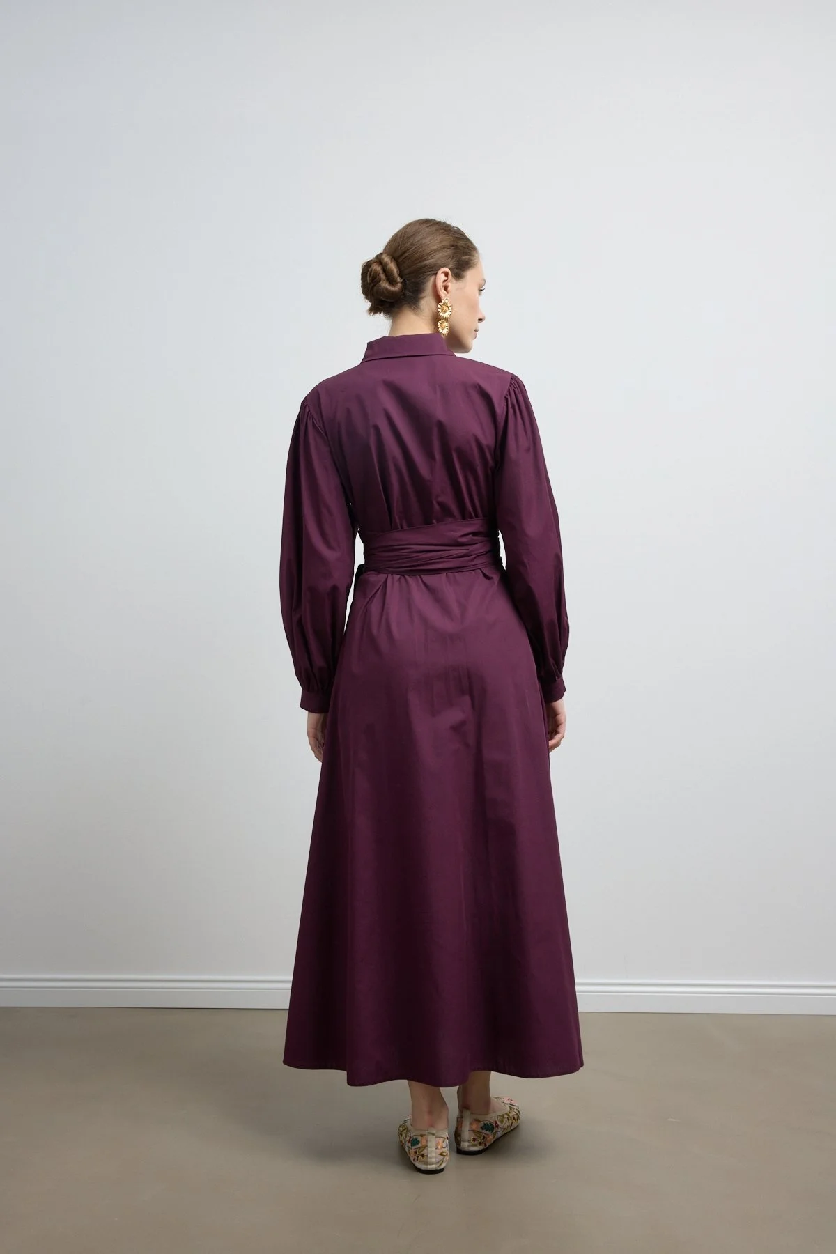 Belden Bağlamalı Poplin Elbise Burgonya - 5