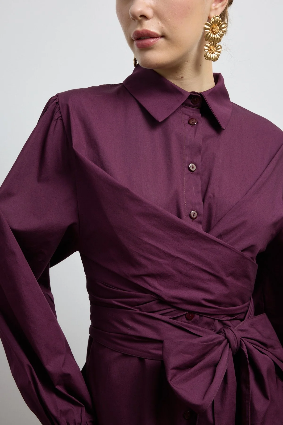 Belden Bağlamalı Poplin Elbise Burgonya - 4
