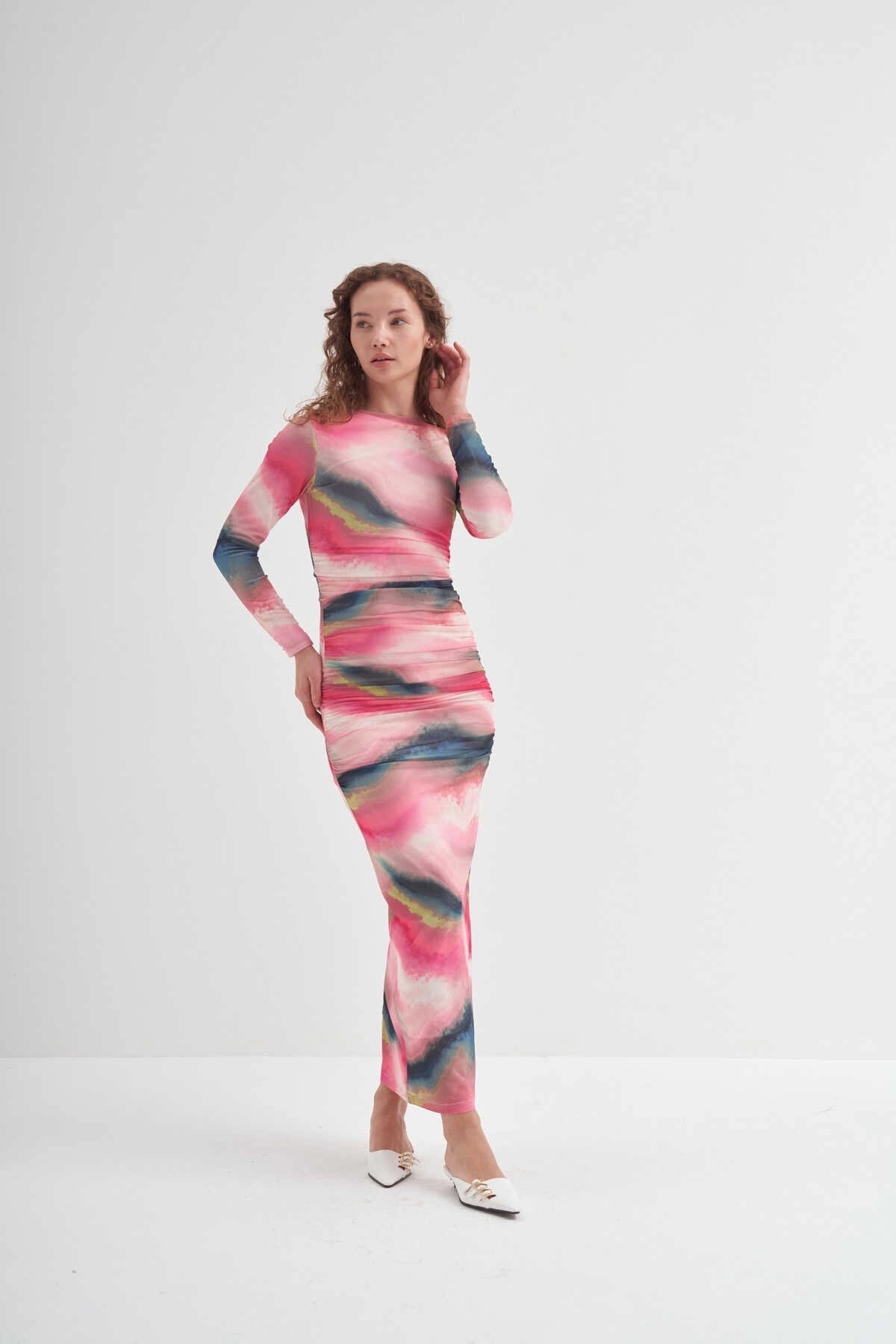 Büzgülü Tül Elbise Pembe - 3
