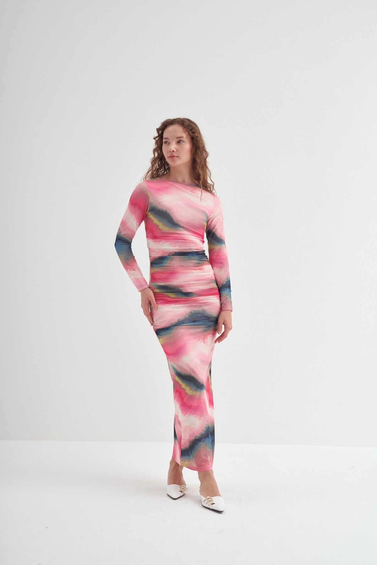Büzgülü Tül Elbise Pembe - 2