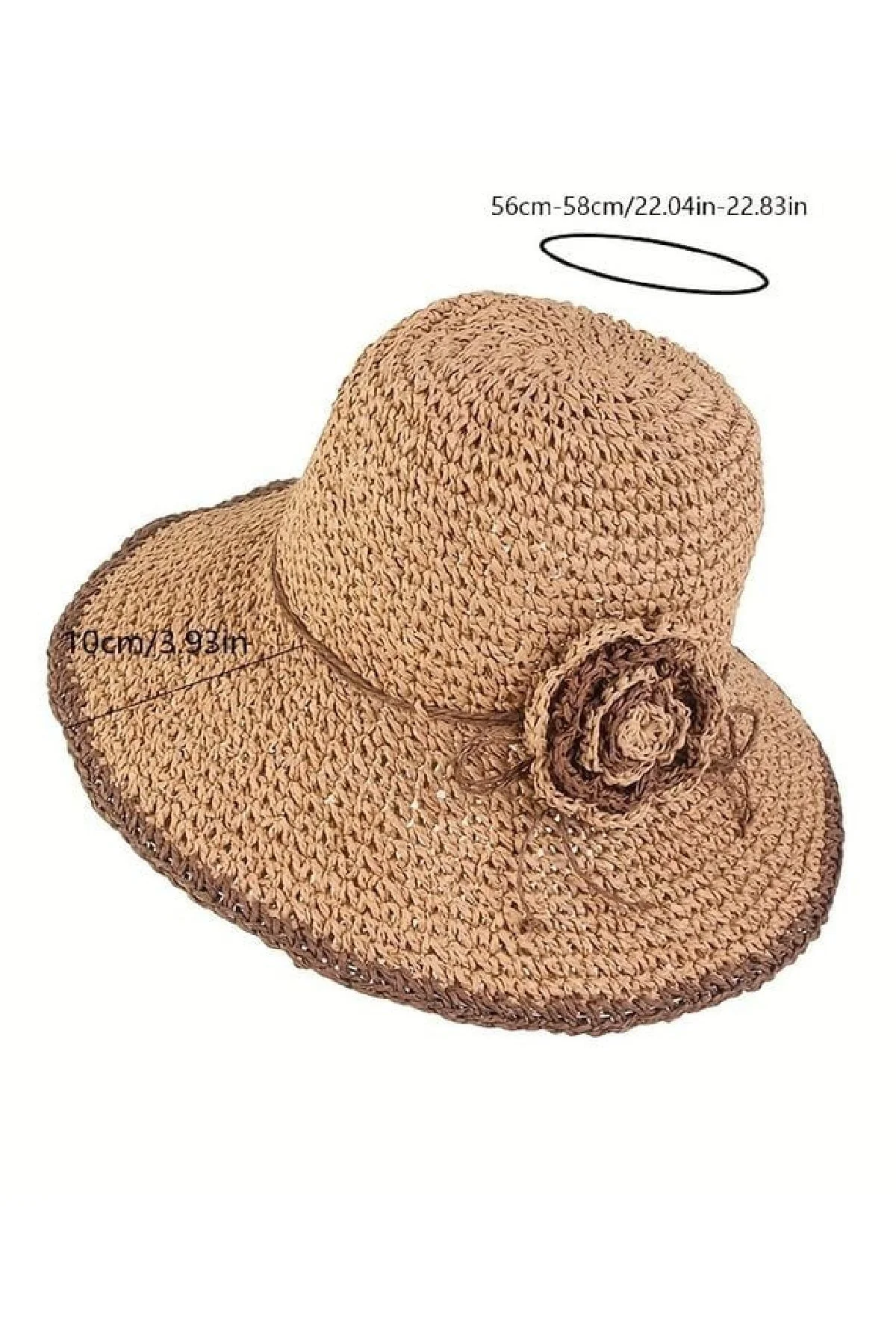 Çiçek Detaylı Örgü Bucket Hasır Şapka Camel - 3
