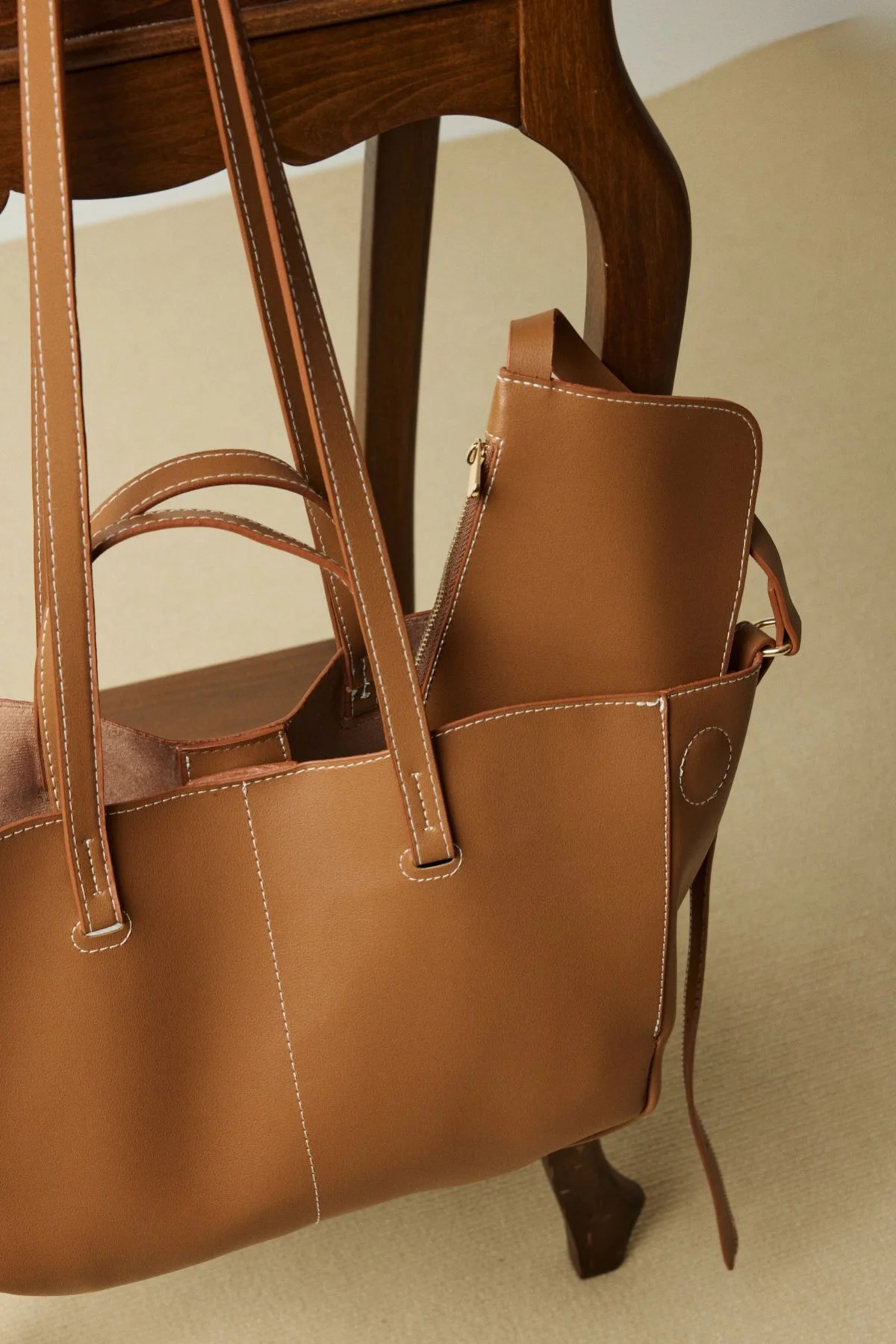 Dikişli Tote Çanta Taba - 3