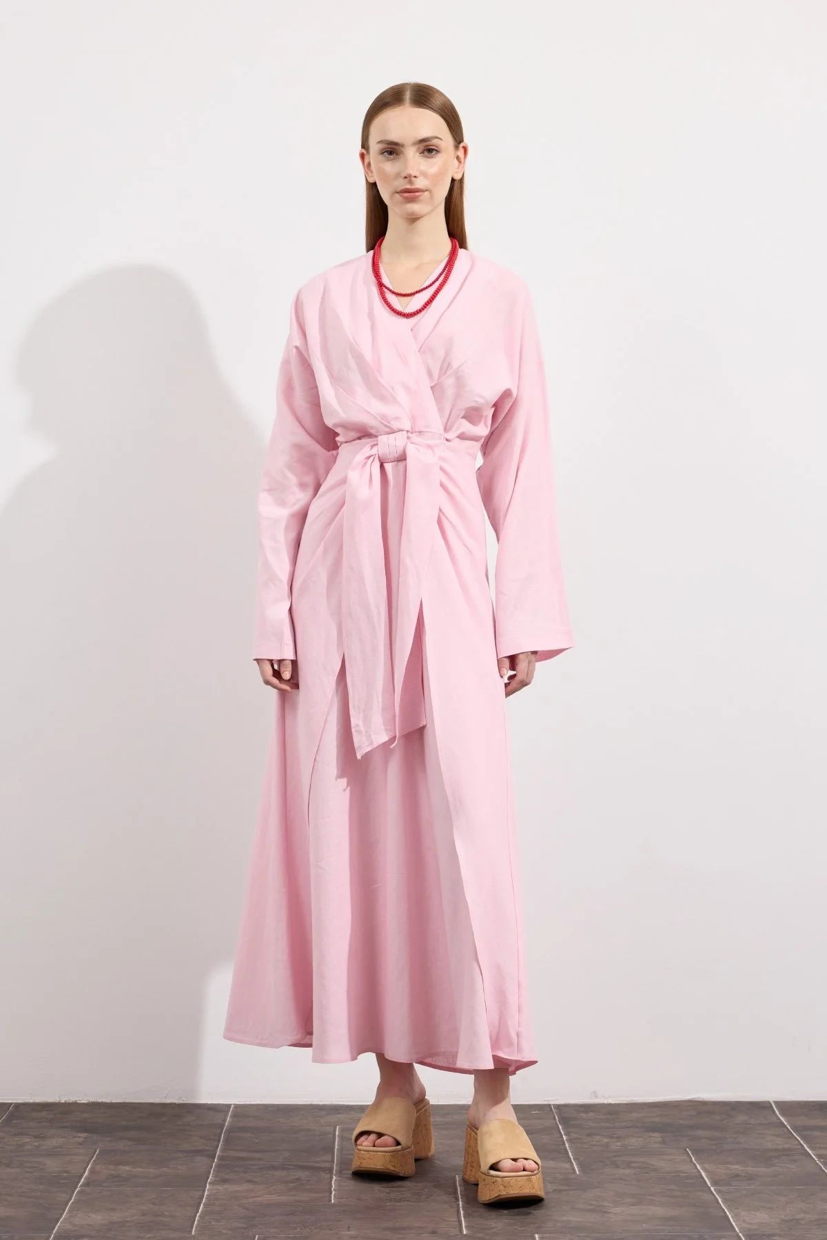 Mirella Kruvaze Bağlamalı Keten Elbise Pembe - 5