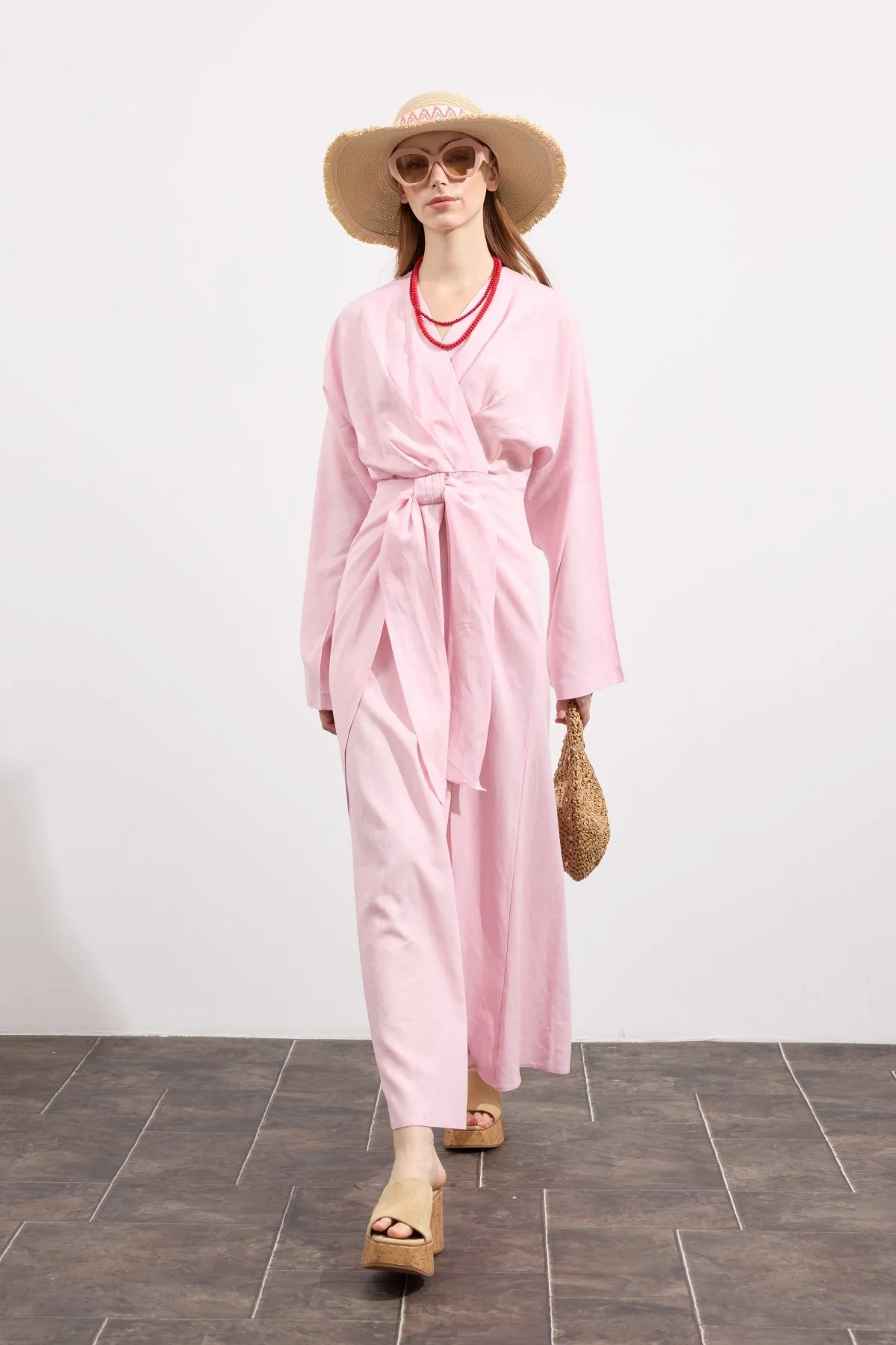 Mirella Kruvaze Bağlamalı Keten Elbise Pembe - 4