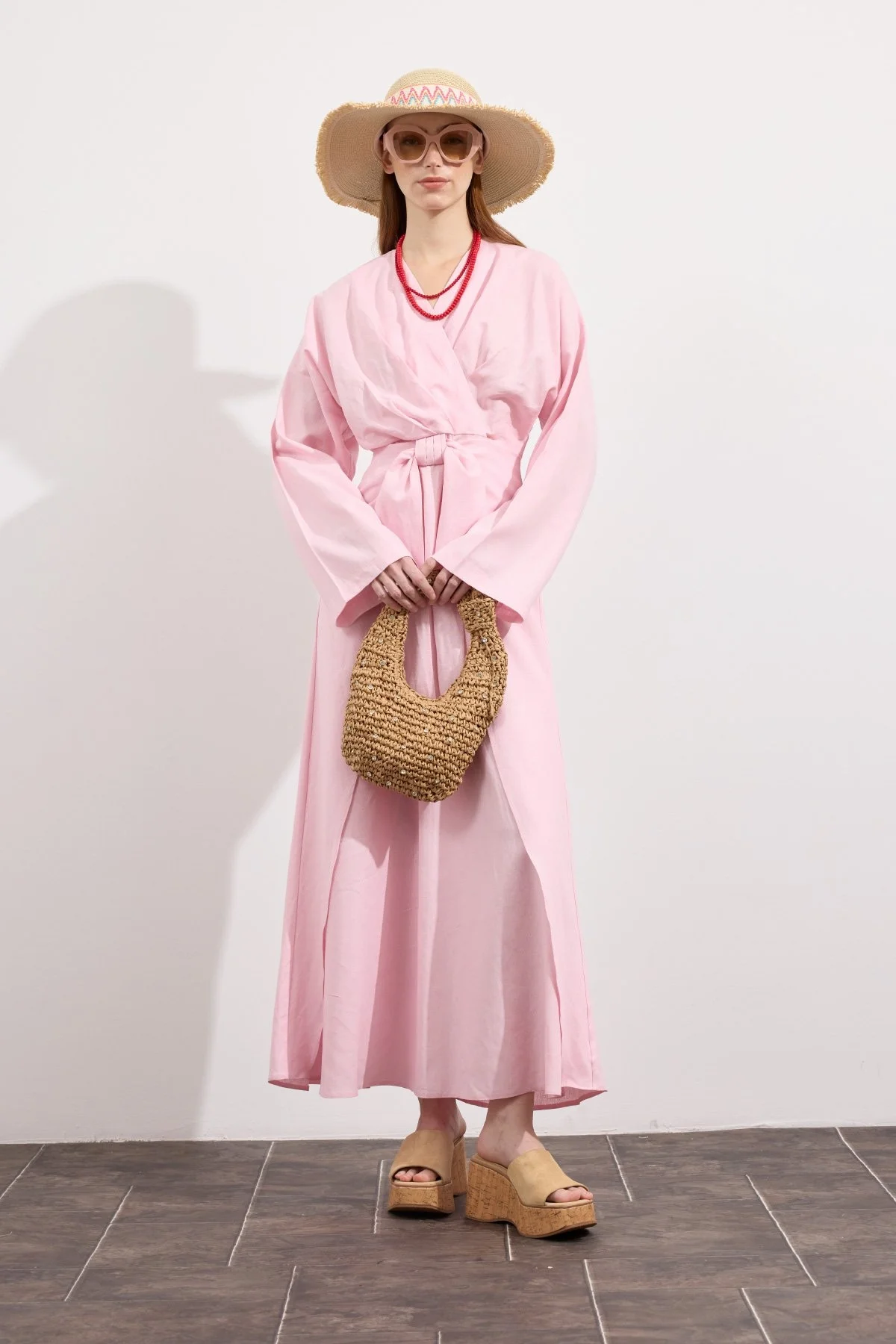 Mirella Kruvaze Bağlamalı Keten Elbise Pembe - 3