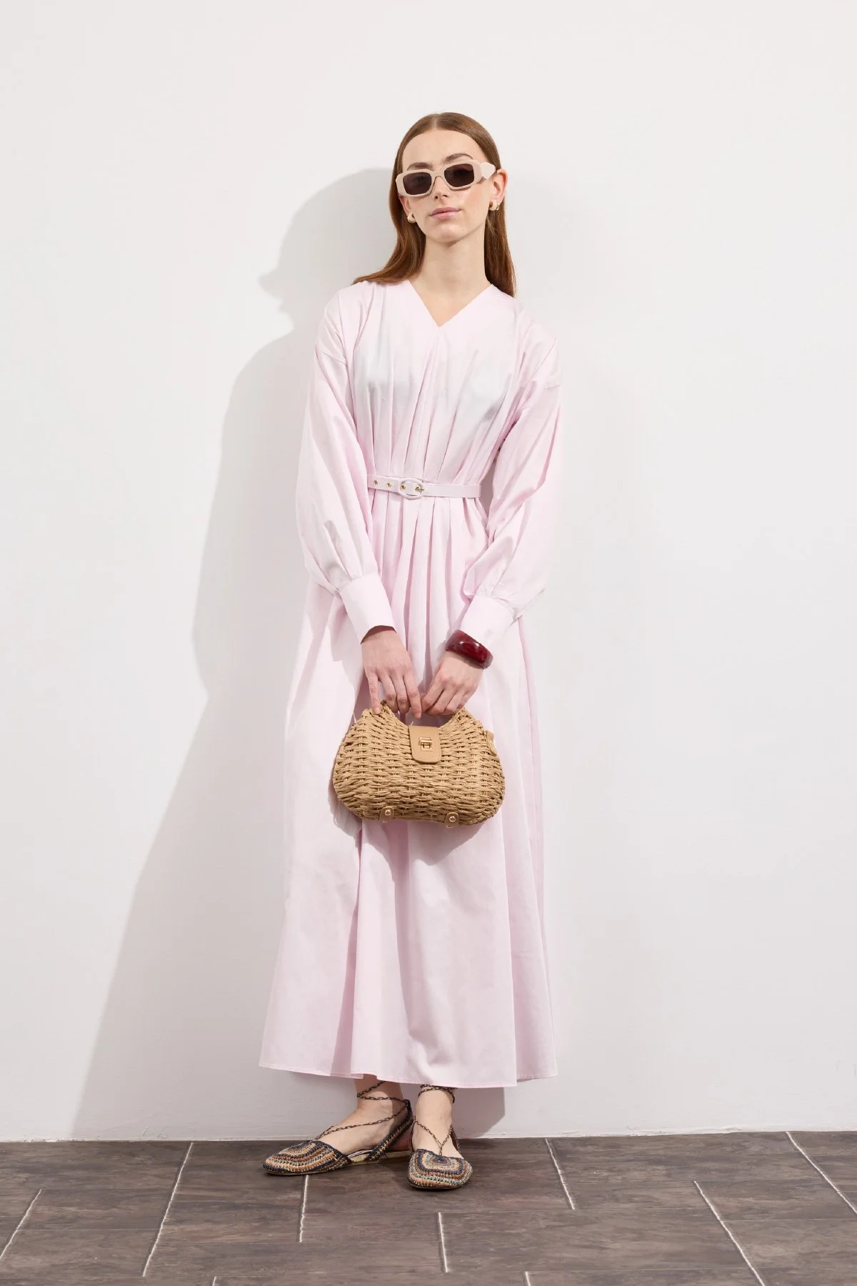 Pileli Kaplama Kemerli Elbise Soft Pembe - 1