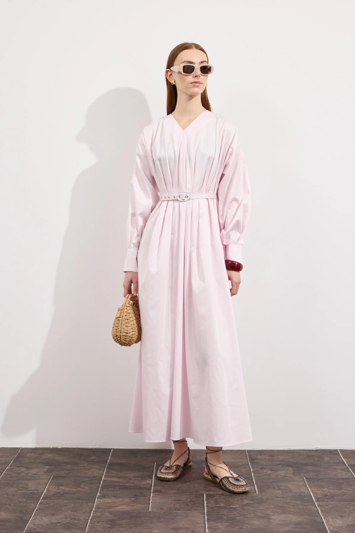 Pileli Kaplama Kemerli Elbise Soft Pembe - 4