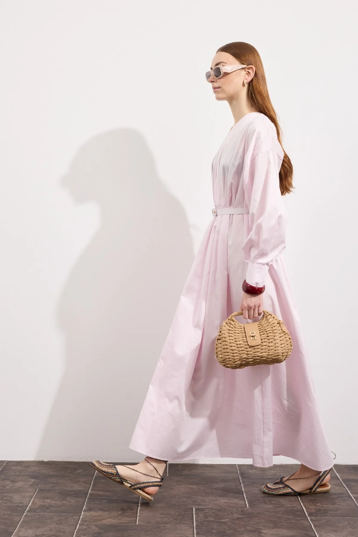Pileli Kaplama Kemerli Elbise Soft Pembe - 5