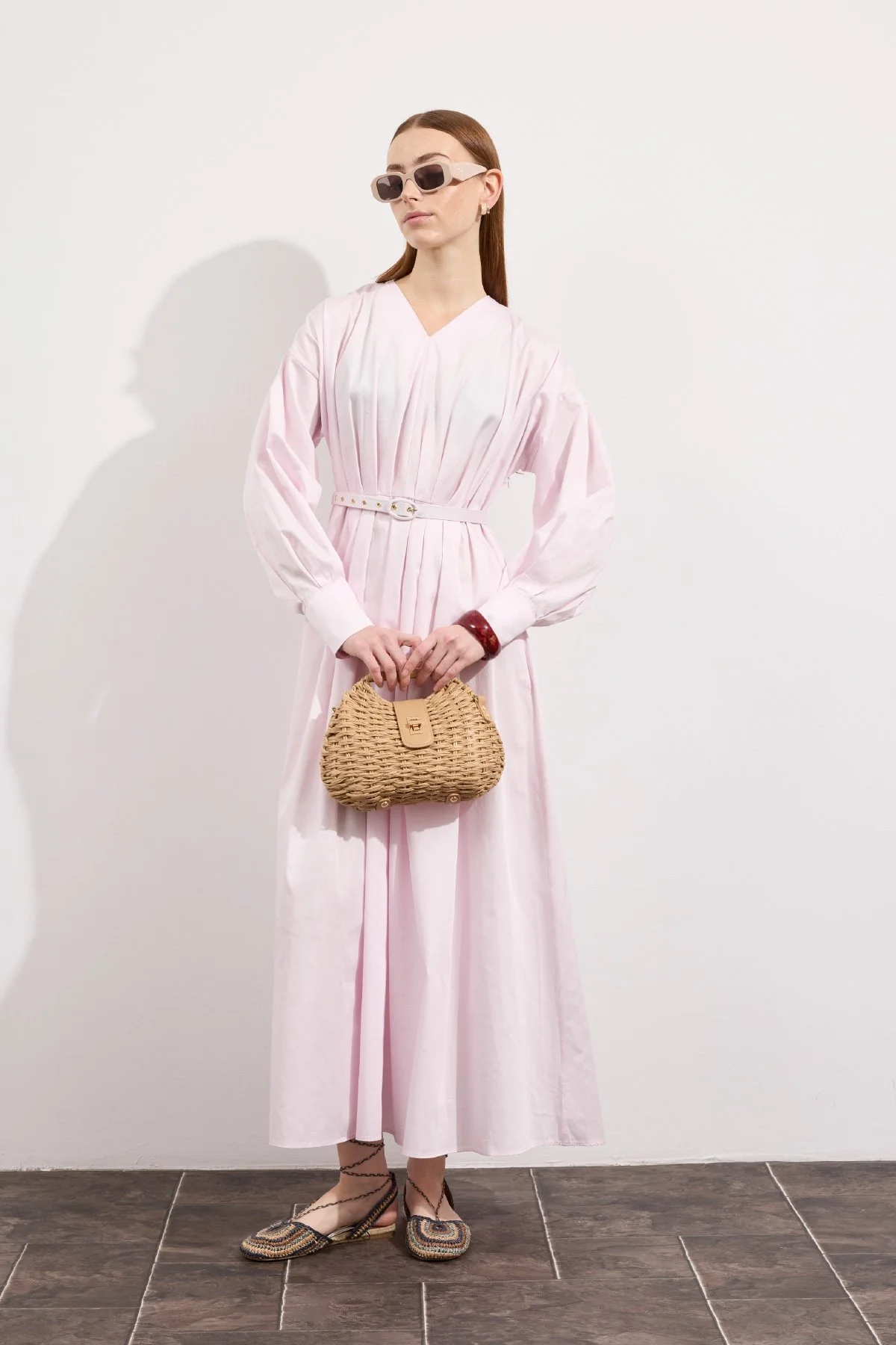 Pileli Kaplama Kemerli Elbise Soft Pembe - 6