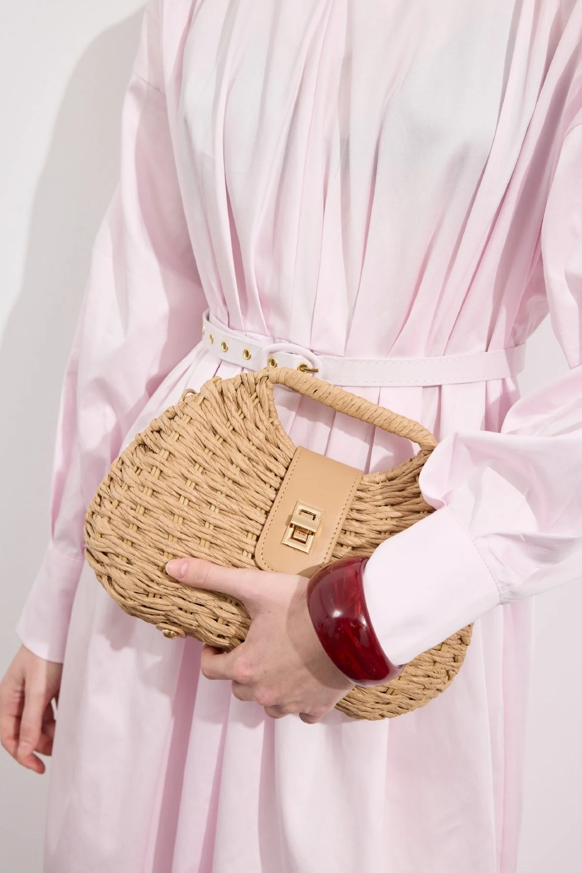 Pileli Kaplama Kemerli Elbise Soft Pembe - 7