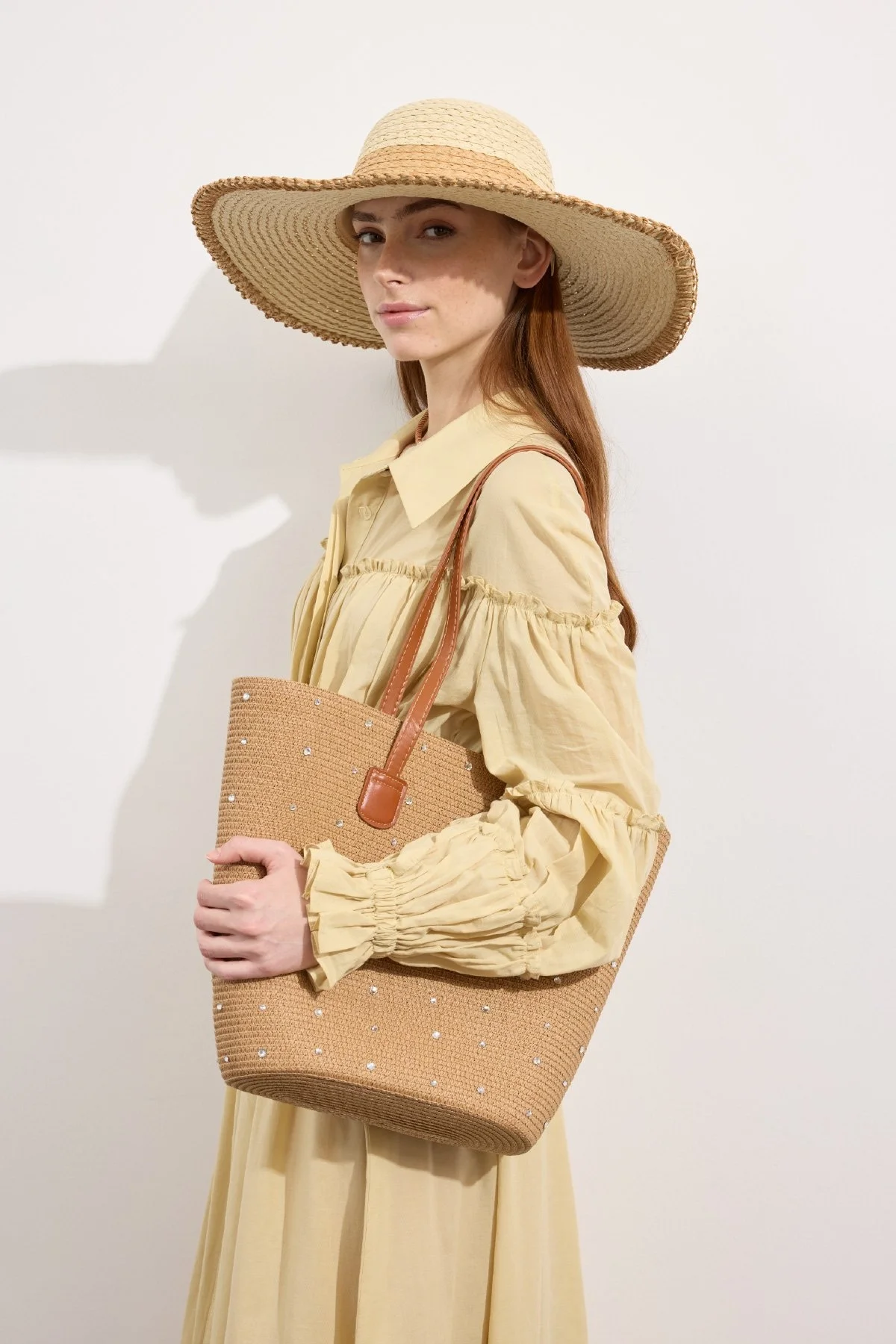 Taşlı Hasır Tote Çanta Camel - 4