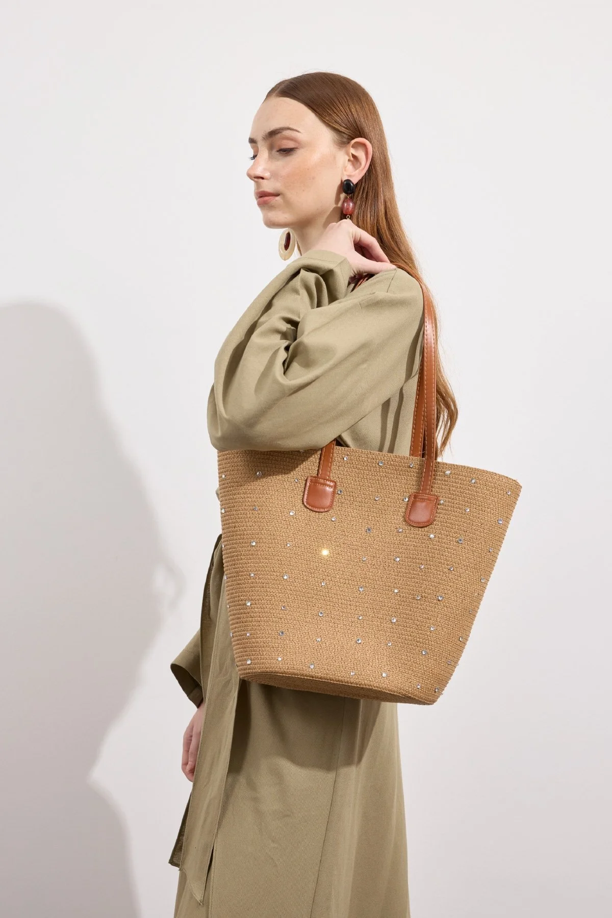 Taşlı Hasır Tote Çanta Camel - 1