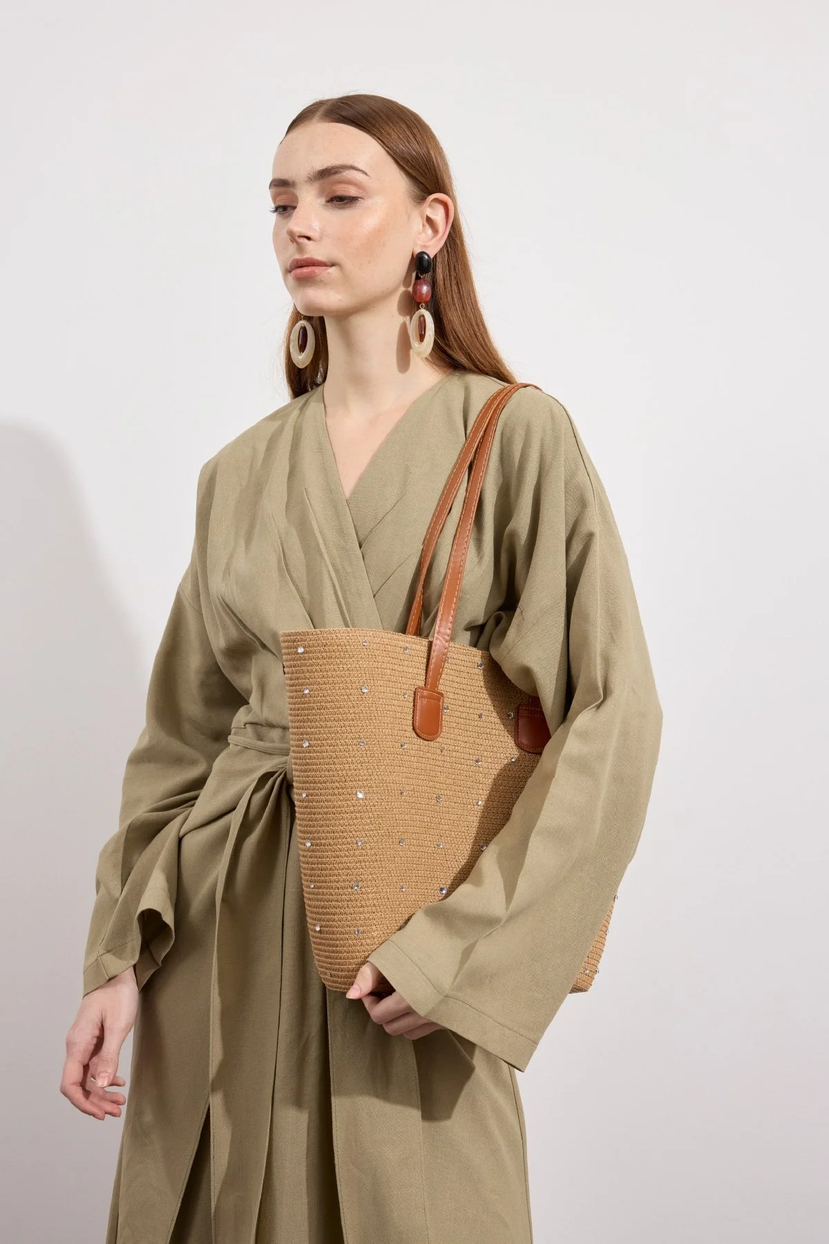 Taşlı Hasır Tote Çanta Camel - 3