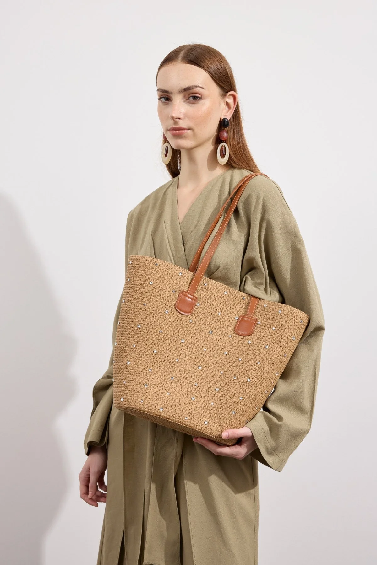 Taşlı Hasır Tote Çanta Camel - 7