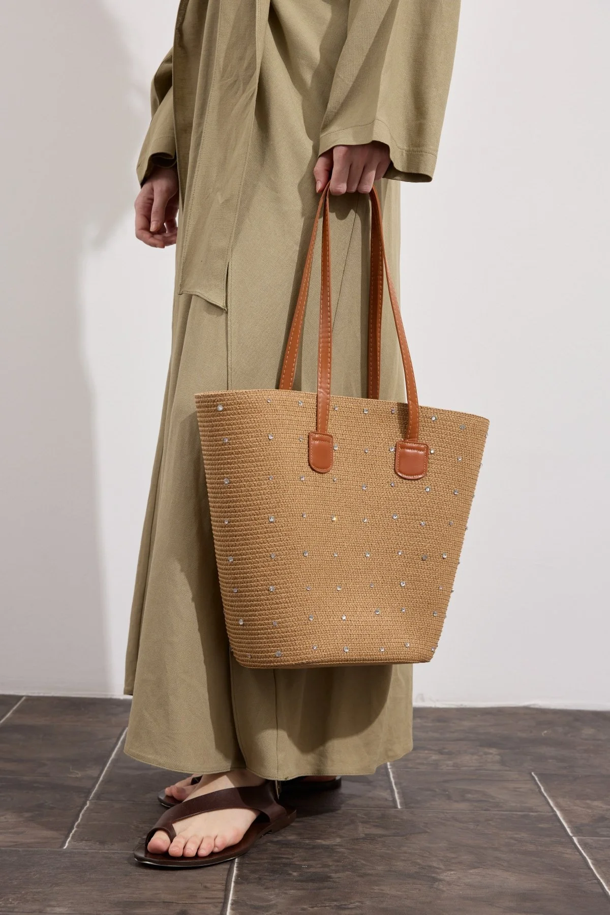 Taşlı Hasır Tote Çanta Camel - 2