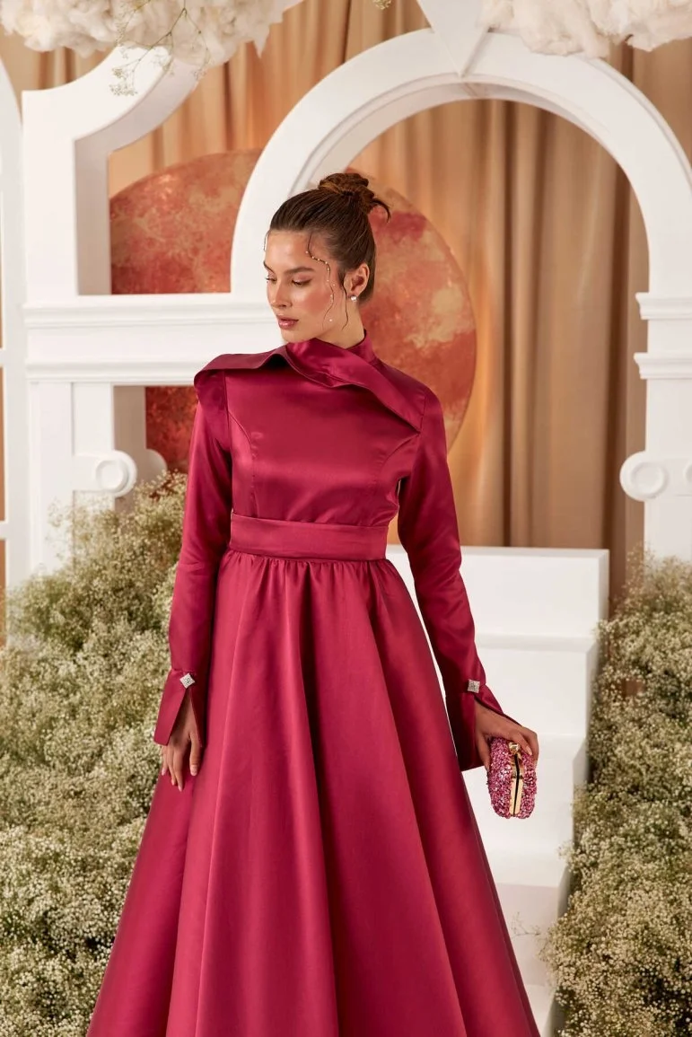 Limited Edition Tasarım Tafta Elbise Fuşya - 7