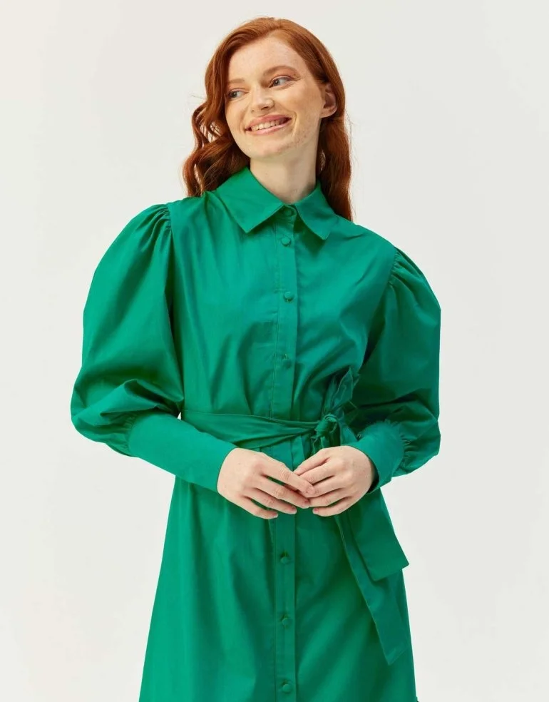Manşeti Britli Balon Kol Poplin Elbise Yeşil - 2