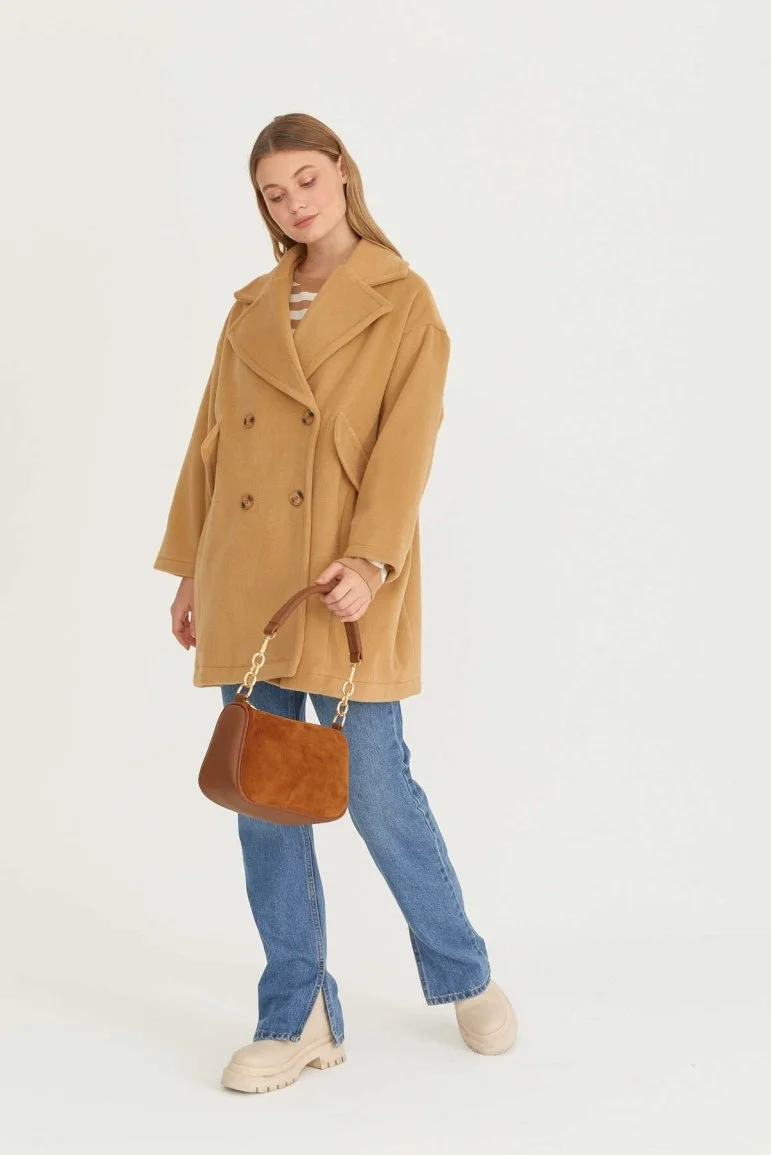 Oversize Kısa Kaşe Kaban Camel - 15