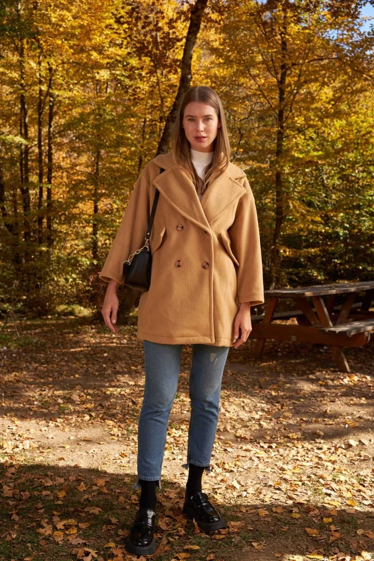 Oversize Kısa Kaşe Kaban Camel - 11