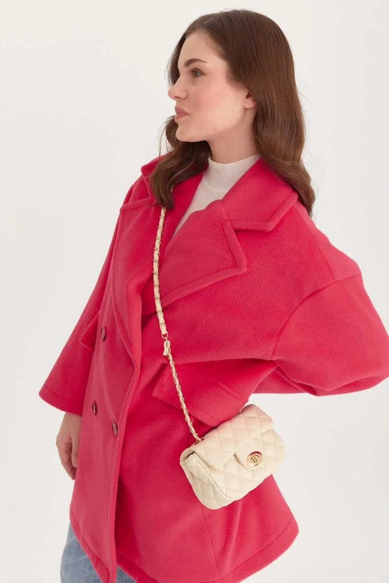 Oversize Kısa Kaşe Kaban Fuşya - 34