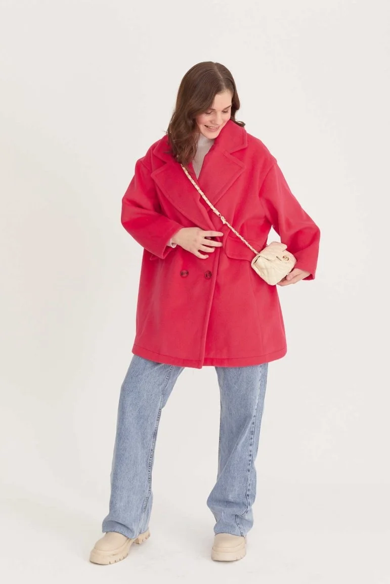 Oversize Kısa Kaşe Kaban Fuşya - 38