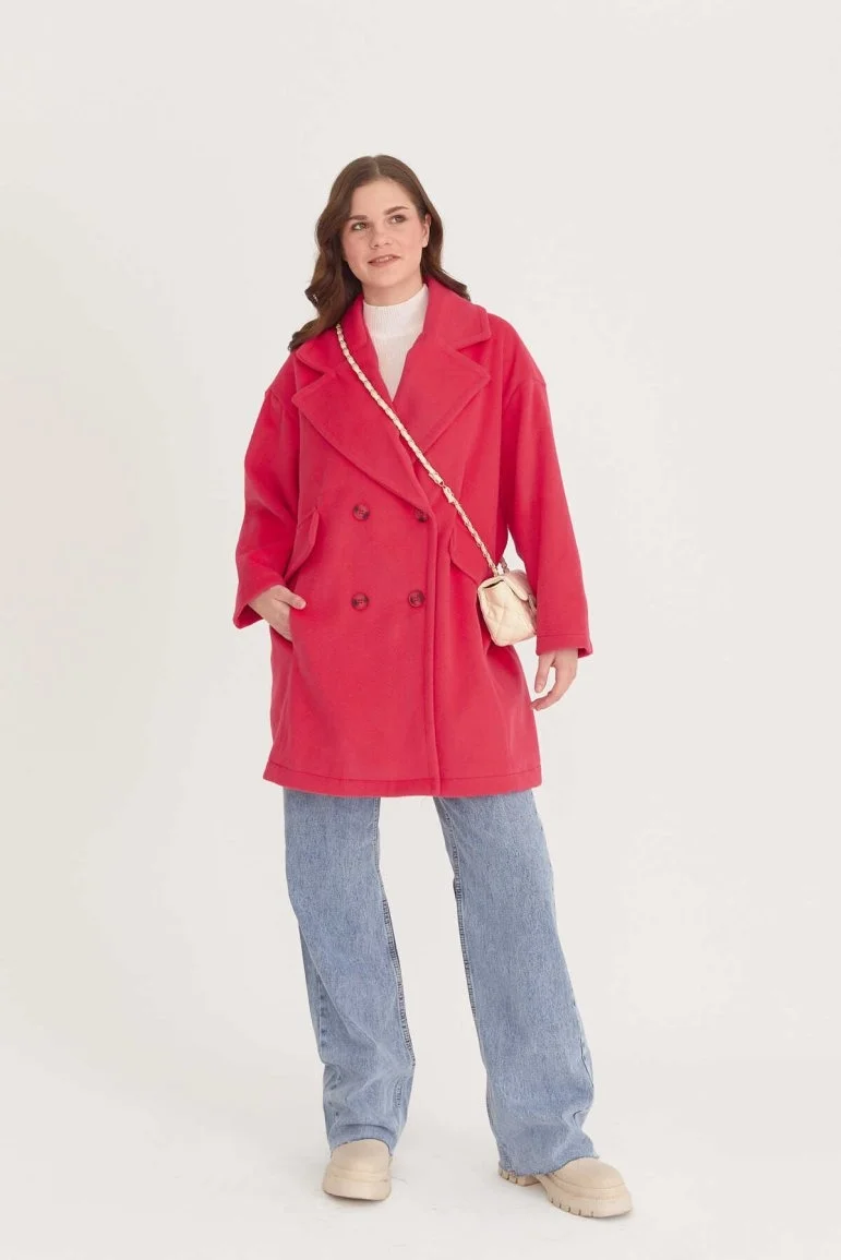 Oversize Kısa Kaşe Kaban Fuşya - 19