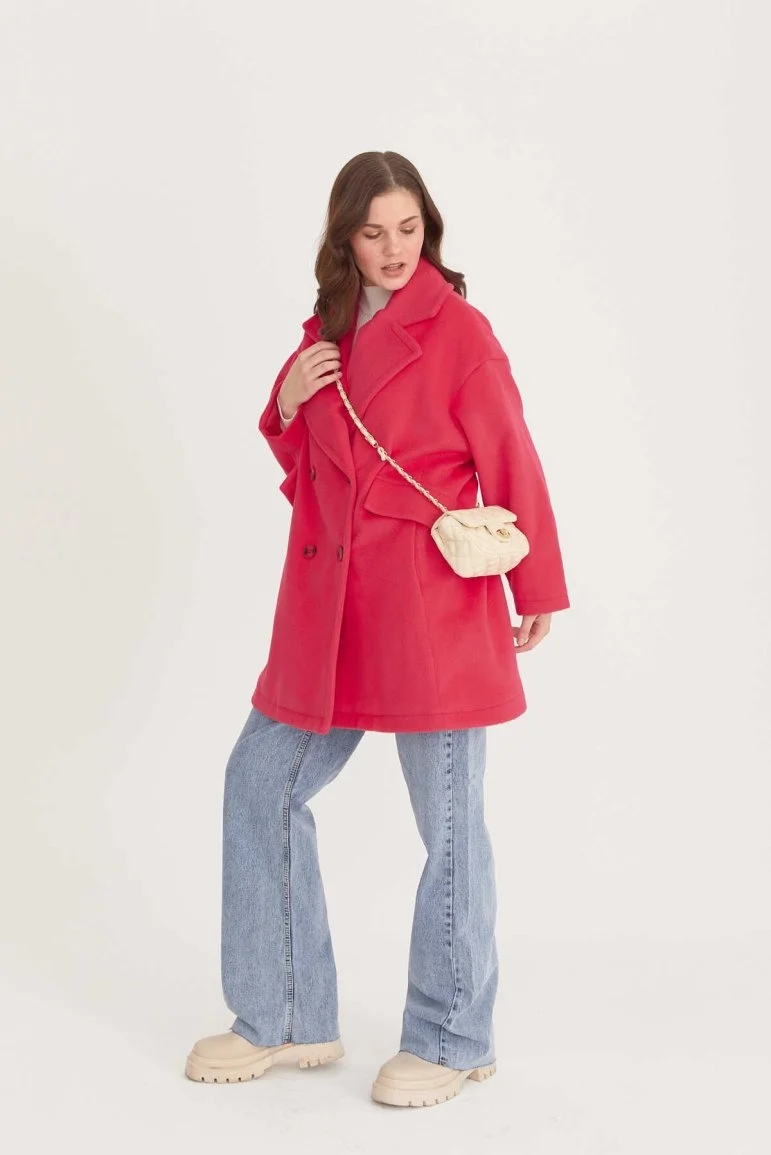 Oversize Kısa Kaşe Kaban Fuşya - 10