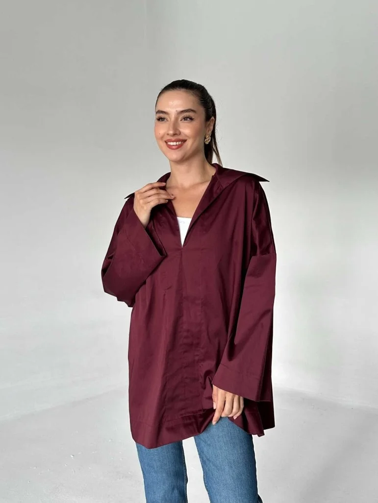 V Kesim Polo Yaka Poplin Gömlek Bordo - 2