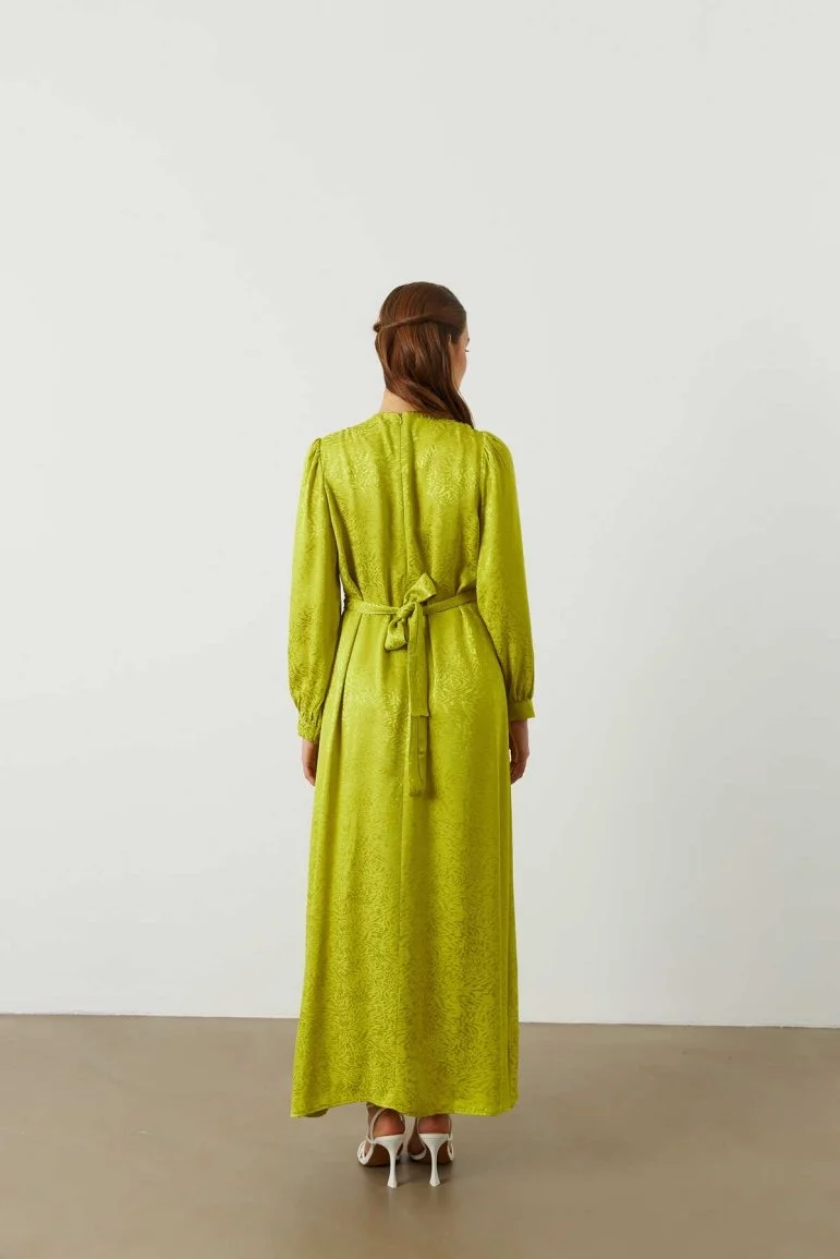 Yaka Detaylı Jakar Elbise Olive Yeşil - 6