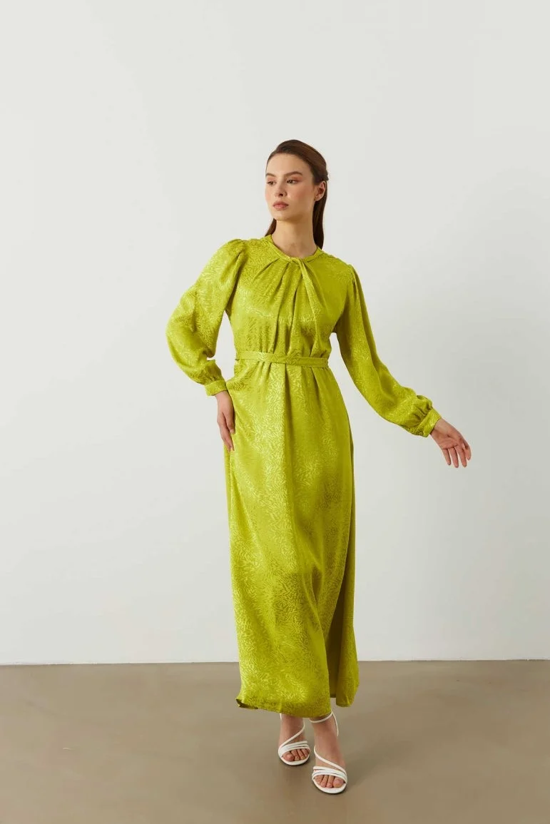 Yaka Detaylı Jakar Elbise Olive Yeşil - 3