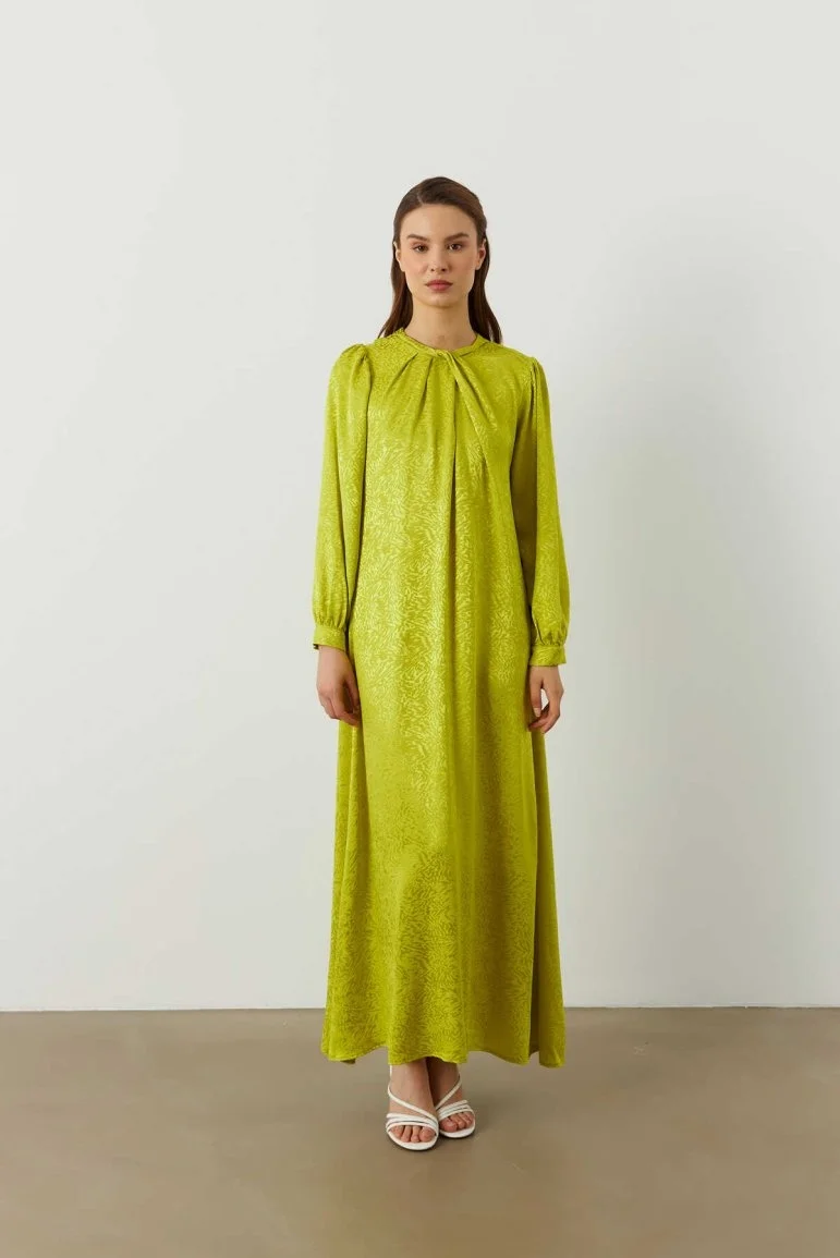 Yaka Detaylı Jakar Elbise Olive Yeşil - 4