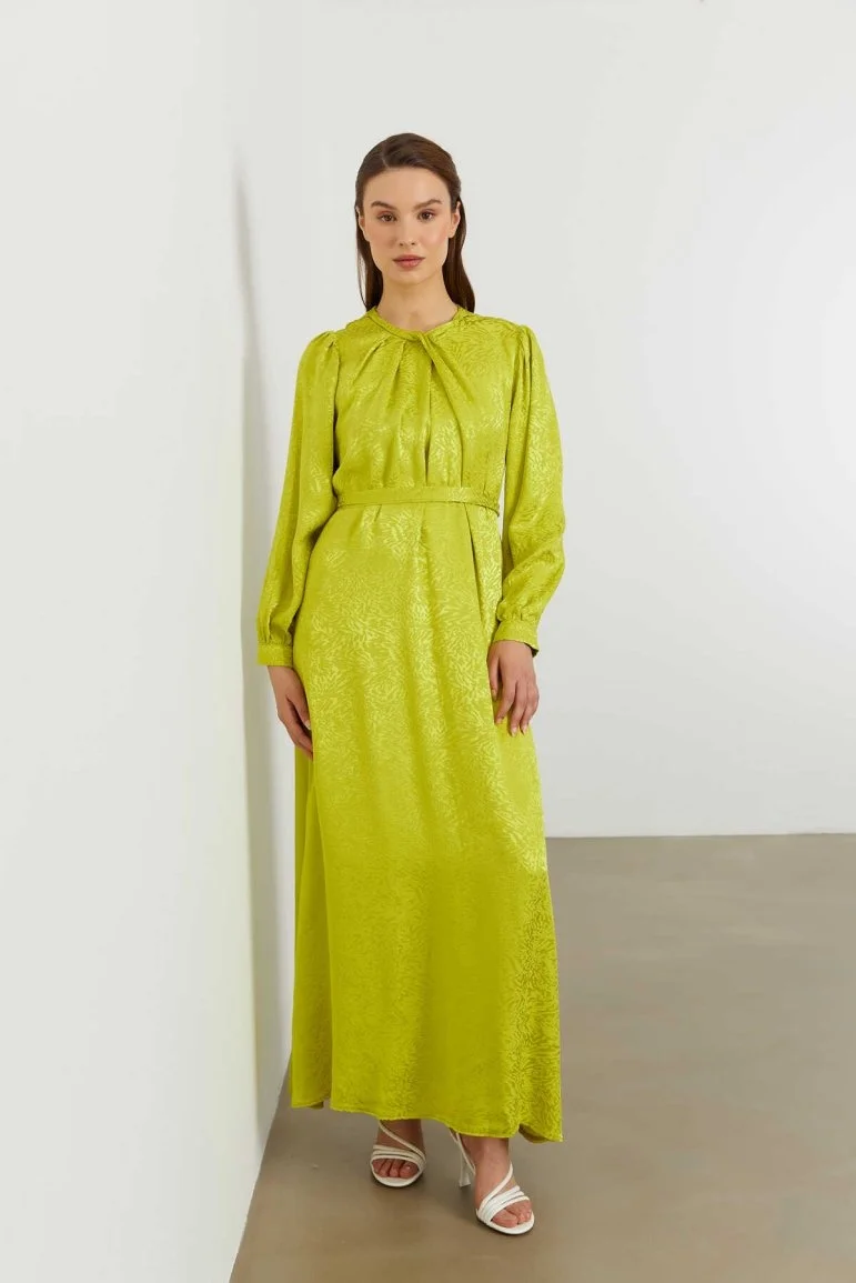 Yaka Detaylı Jakar Elbise Olive Yeşil - 1