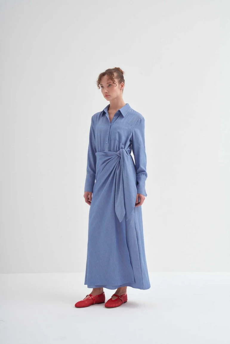 Yandan Düğümlü Anvelop Elbise Açık Mavi - 4