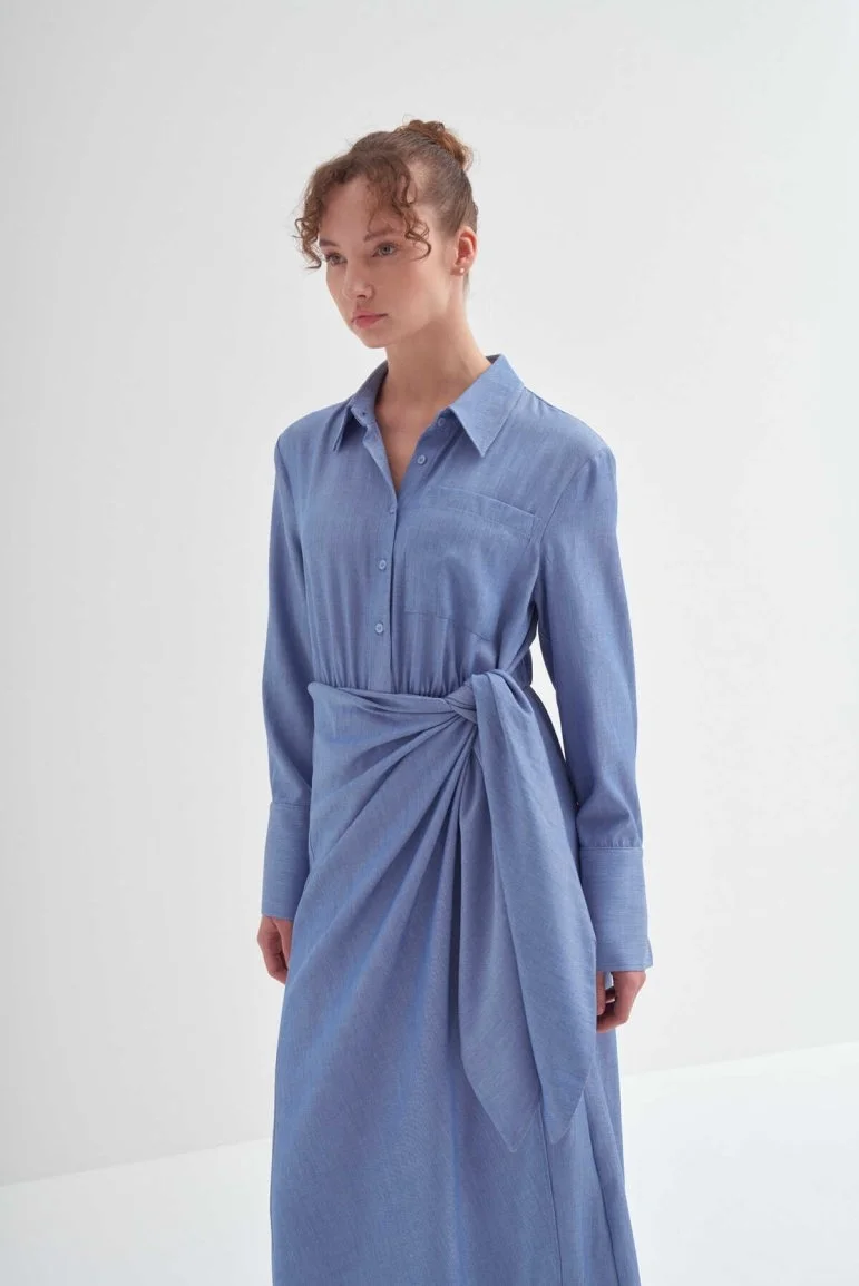 Yandan Düğümlü Anvelop Elbise Açık Mavi - 6